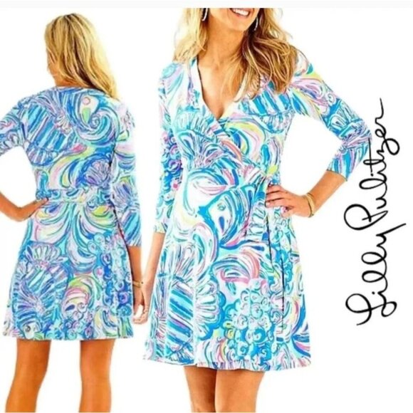 Lilly Pulitzer Emilia Wrap Dress Multi Guilty Pleasure Print 3/4 Sleeve Small - Picture 1 of 13